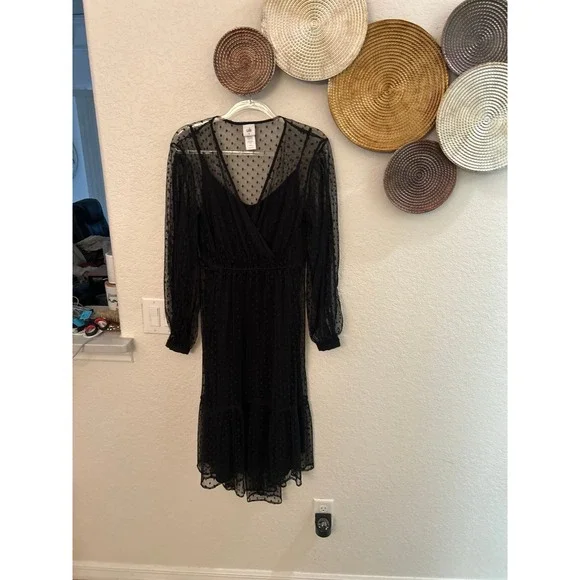 CAbi Theater Dress black polka dot mesh lace overlay, style number 407 size M - Picture 2 of 6
